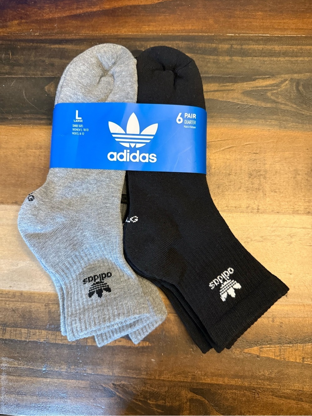 adidas L Black Gray Men or Quarter Socks 6 Pairs Cotton Moisture Wicking, size L